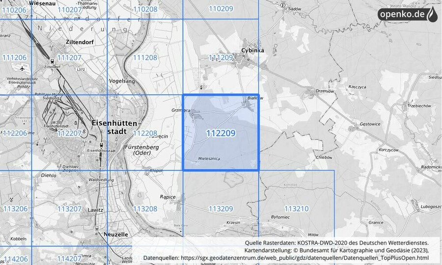 Übersichtskarte des KOSTRA-DWD-2020-Rasterfeldes Nr. 112209