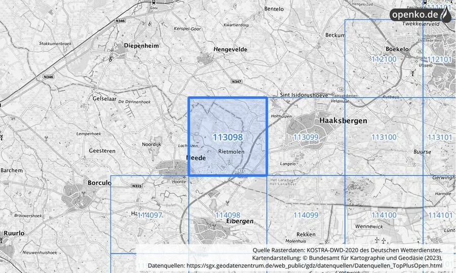 Übersichtskarte des KOSTRA-DWD-2020-Rasterfeldes Nr. 113098