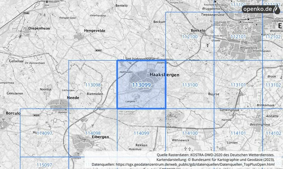 Übersichtskarte des KOSTRA-DWD-2020-Rasterfeldes Nr. 113099