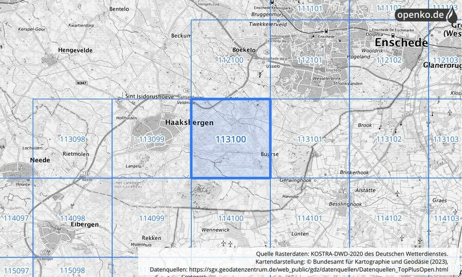 Übersichtskarte des KOSTRA-DWD-2020-Rasterfeldes Nr. 113100