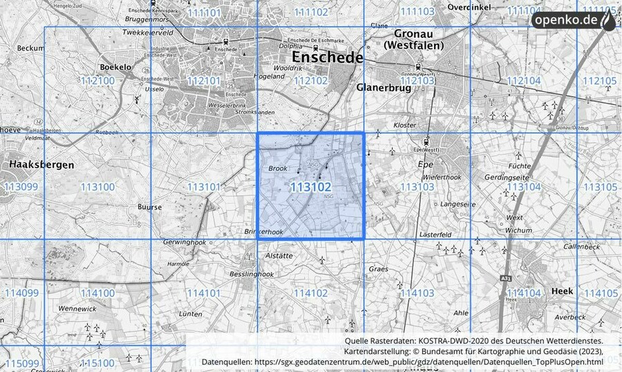 Übersichtskarte des KOSTRA-DWD-2020-Rasterfeldes Nr. 113102