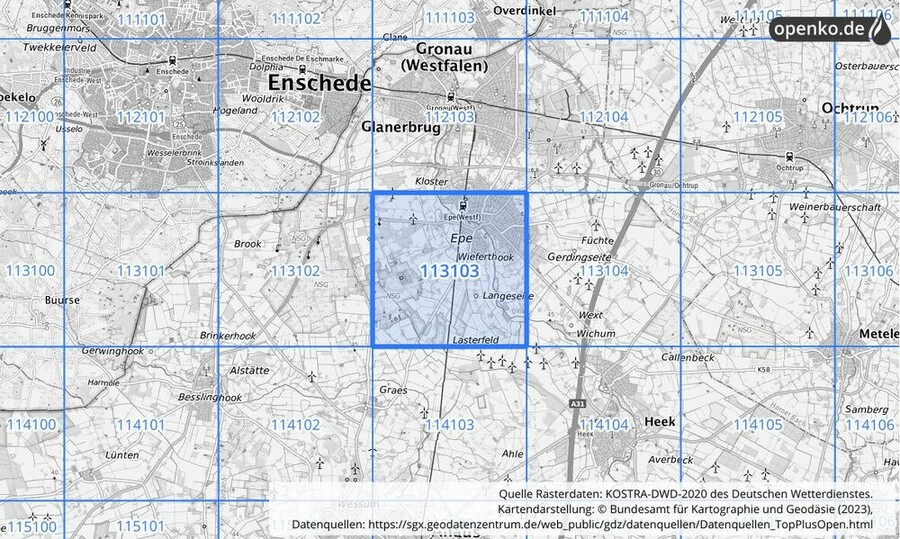 Übersichtskarte des KOSTRA-DWD-2020-Rasterfeldes Nr. 113103