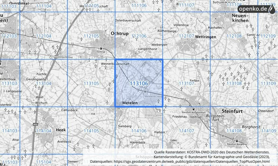 Übersichtskarte des KOSTRA-DWD-2020-Rasterfeldes Nr. 113106