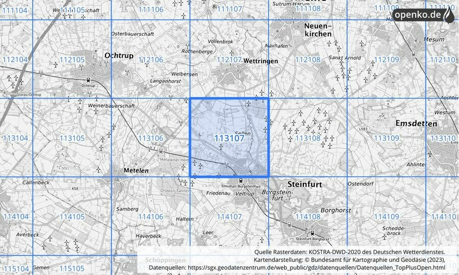 Übersichtskarte des KOSTRA-DWD-2020-Rasterfeldes Nr. 113107