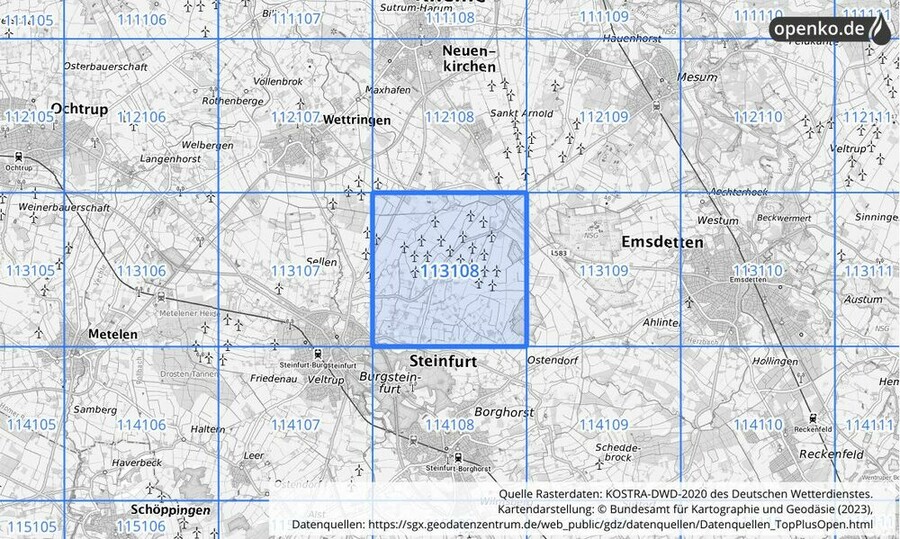 Übersichtskarte des KOSTRA-DWD-2020-Rasterfeldes Nr. 113108