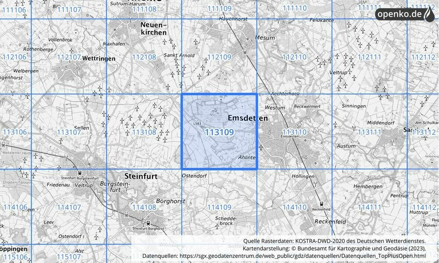 Übersichtskarte des KOSTRA-DWD-2020-Rasterfeldes Nr. 113109