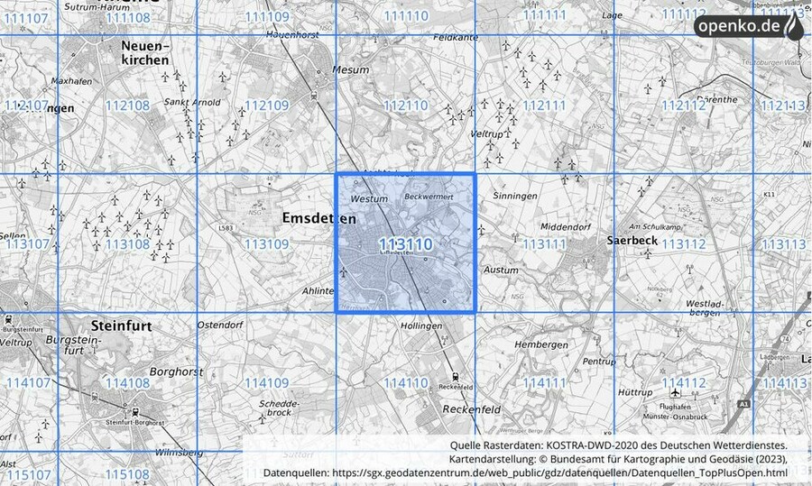 Übersichtskarte des KOSTRA-DWD-2020-Rasterfeldes Nr. 113110