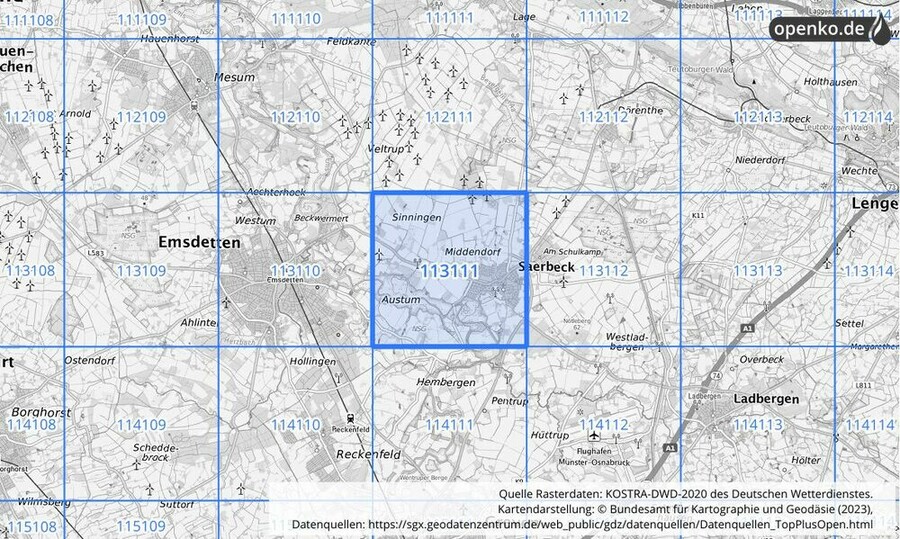 Übersichtskarte des KOSTRA-DWD-2020-Rasterfeldes Nr. 113111