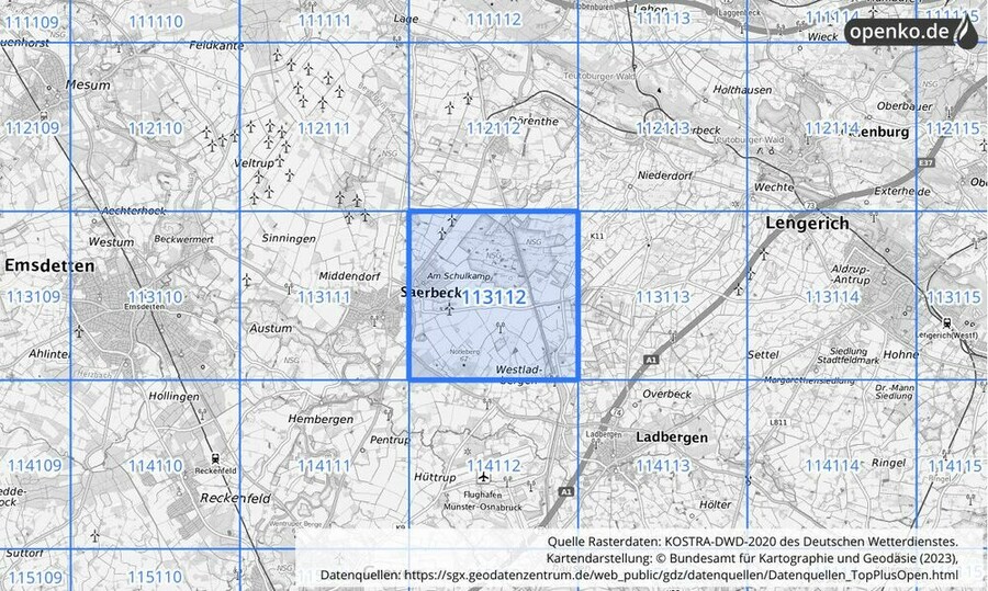 Übersichtskarte des KOSTRA-DWD-2020-Rasterfeldes Nr. 113112