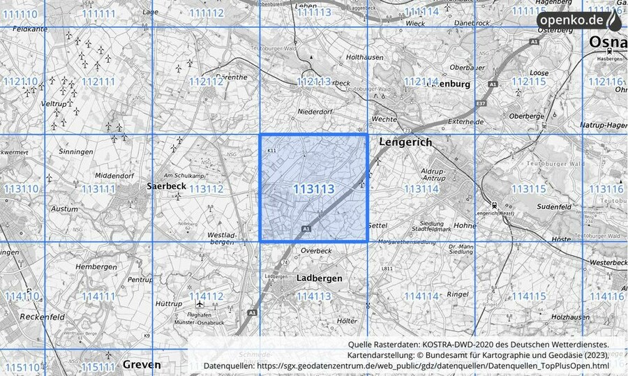 Übersichtskarte des KOSTRA-DWD-2020-Rasterfeldes Nr. 113113