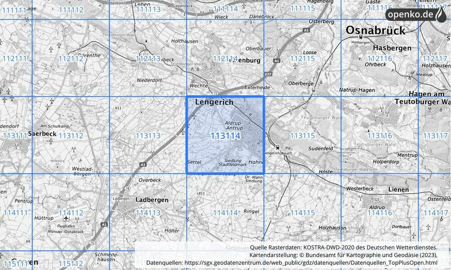 Übersichtskarte des KOSTRA-DWD-2020-Rasterfeldes Nr. 113114