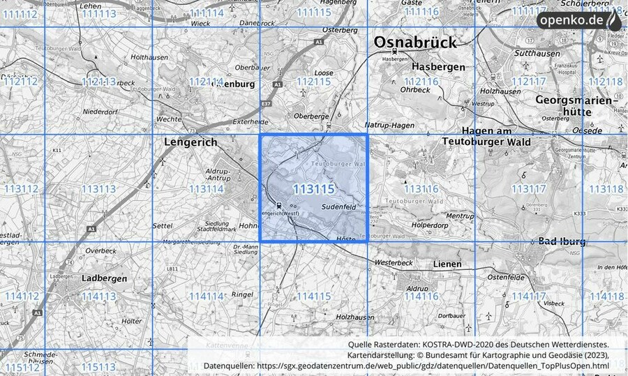 Übersichtskarte des KOSTRA-DWD-2020-Rasterfeldes Nr. 113115