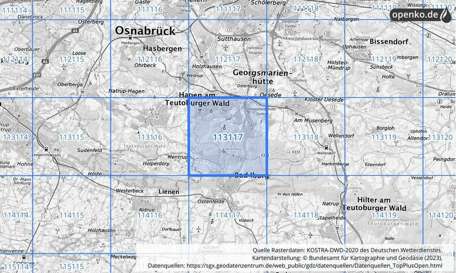 Übersichtskarte des KOSTRA-DWD-2020-Rasterfeldes Nr. 113117