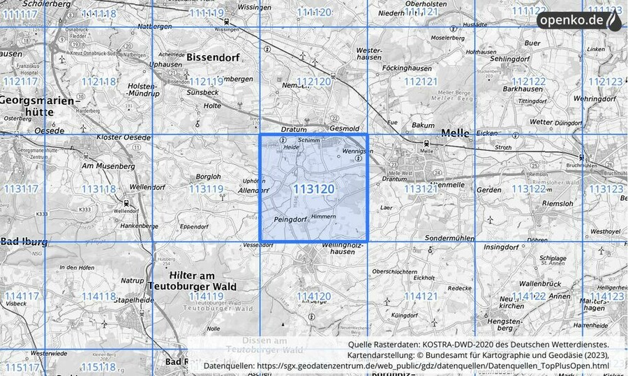 Übersichtskarte des KOSTRA-DWD-2020-Rasterfeldes Nr. 113120