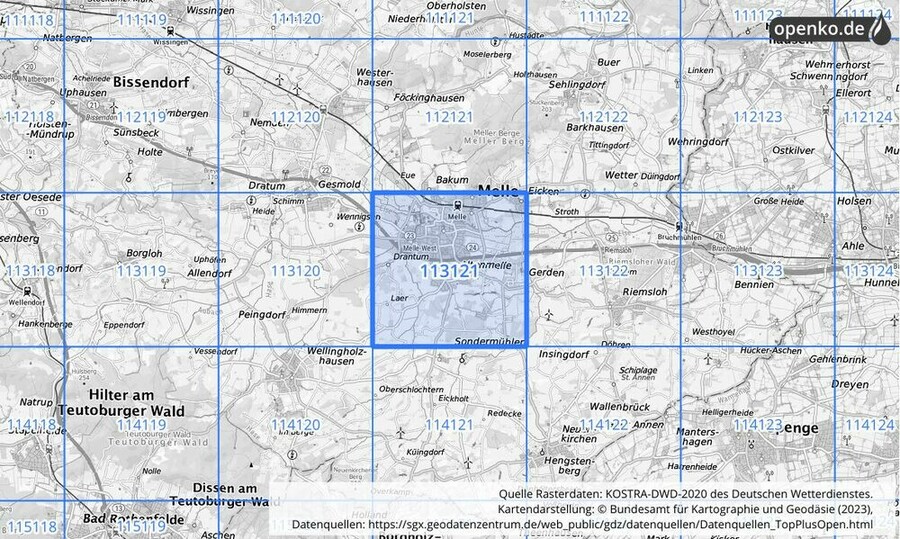 Übersichtskarte des KOSTRA-DWD-2020-Rasterfeldes Nr. 113121