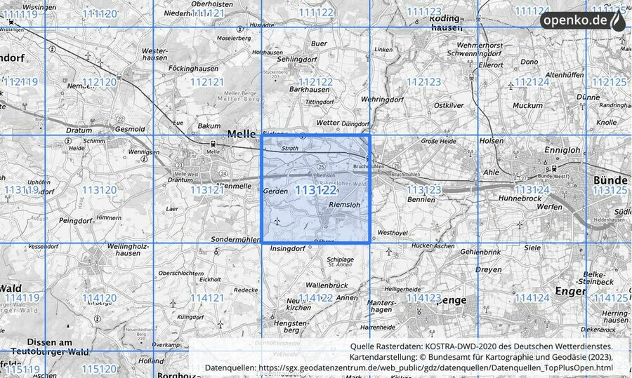 Übersichtskarte des KOSTRA-DWD-2020-Rasterfeldes Nr. 113122