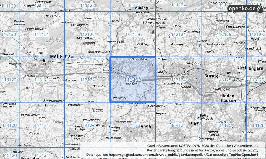 Übersichtskarte des KOSTRA-DWD-2020-Rasterfeldes Nr. 113123