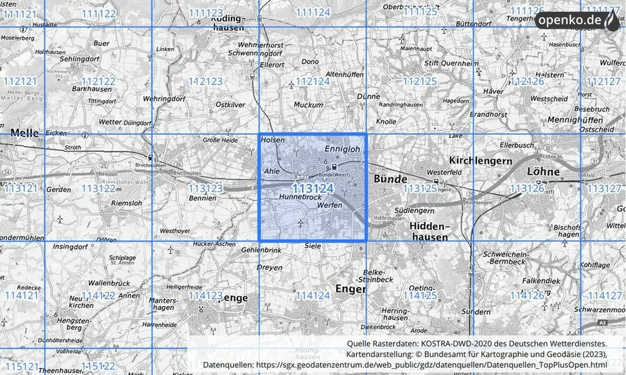 Übersichtskarte des KOSTRA-DWD-2020-Rasterfeldes Nr. 113124