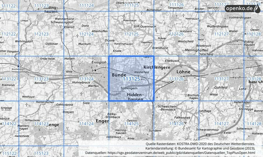 Übersichtskarte des KOSTRA-DWD-2020-Rasterfeldes Nr. 113125