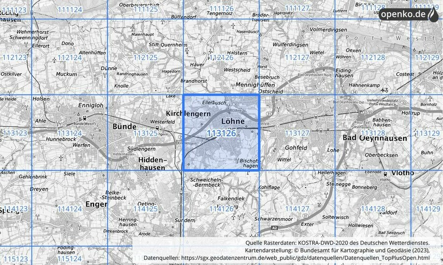 Übersichtskarte des KOSTRA-DWD-2020-Rasterfeldes Nr. 113126