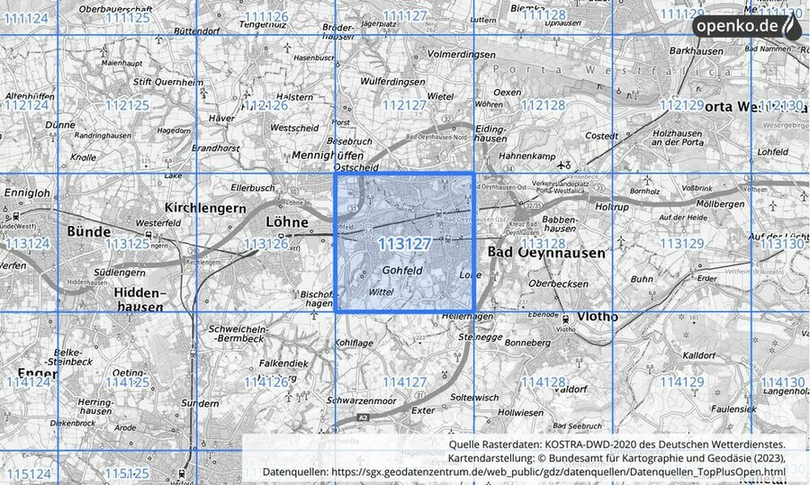 Übersichtskarte des KOSTRA-DWD-2020-Rasterfeldes Nr. 113127