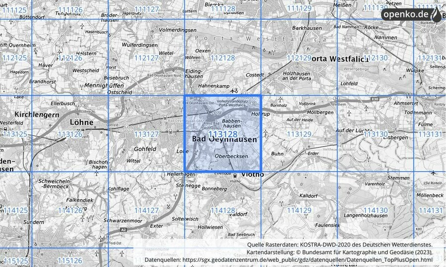 Übersichtskarte des KOSTRA-DWD-2020-Rasterfeldes Nr. 113128