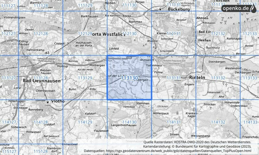 Übersichtskarte des KOSTRA-DWD-2020-Rasterfeldes Nr. 113130