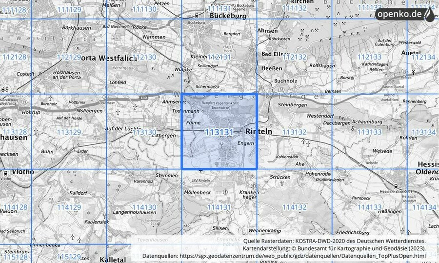 Übersichtskarte des KOSTRA-DWD-2020-Rasterfeldes Nr. 113131