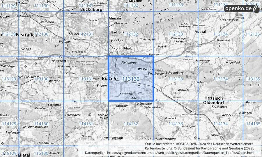 Übersichtskarte des KOSTRA-DWD-2020-Rasterfeldes Nr. 113132