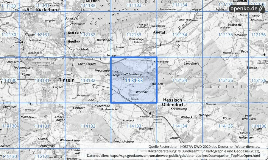 Übersichtskarte des KOSTRA-DWD-2020-Rasterfeldes Nr. 113133