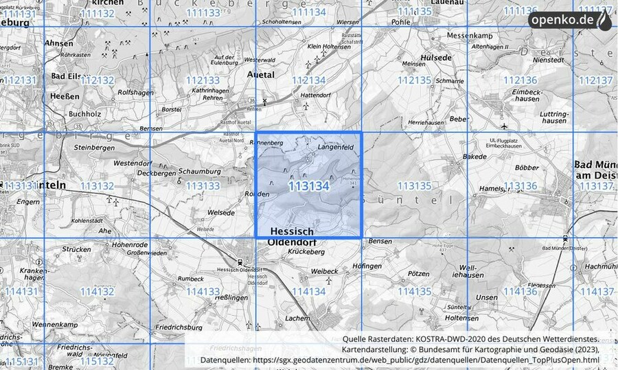 Übersichtskarte des KOSTRA-DWD-2020-Rasterfeldes Nr. 113134