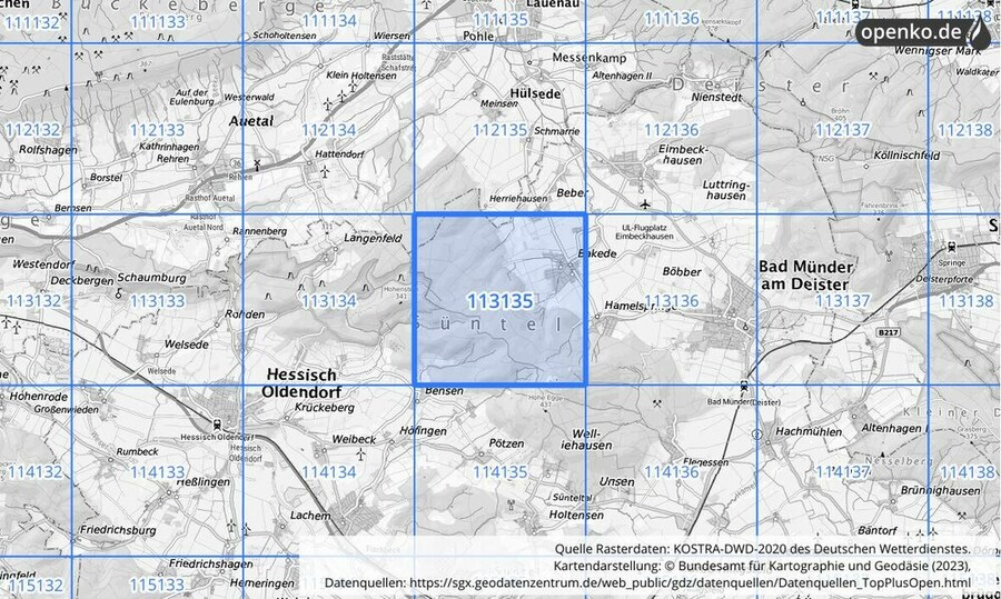 Übersichtskarte des KOSTRA-DWD-2020-Rasterfeldes Nr. 113135