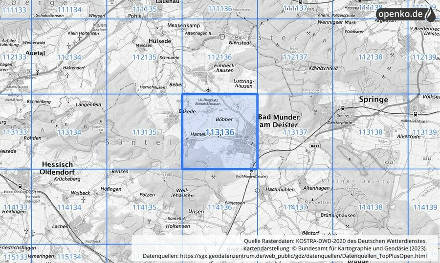 Übersichtskarte des KOSTRA-DWD-2020-Rasterfeldes Nr. 113136