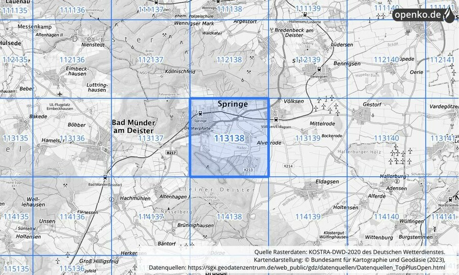 Übersichtskarte des KOSTRA-DWD-2020-Rasterfeldes Nr. 113138