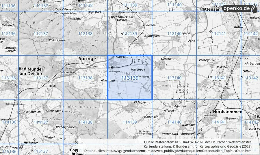 Übersichtskarte des KOSTRA-DWD-2020-Rasterfeldes Nr. 113139