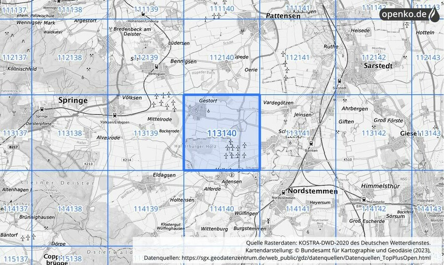 Übersichtskarte des KOSTRA-DWD-2020-Rasterfeldes Nr. 113140