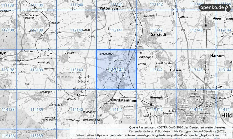 Übersichtskarte des KOSTRA-DWD-2020-Rasterfeldes Nr. 113141