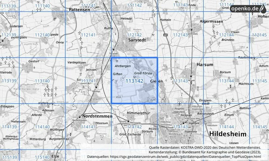 Übersichtskarte des KOSTRA-DWD-2020-Rasterfeldes Nr. 113142