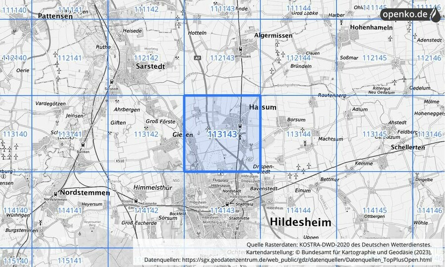 Übersichtskarte des KOSTRA-DWD-2020-Rasterfeldes Nr. 113143