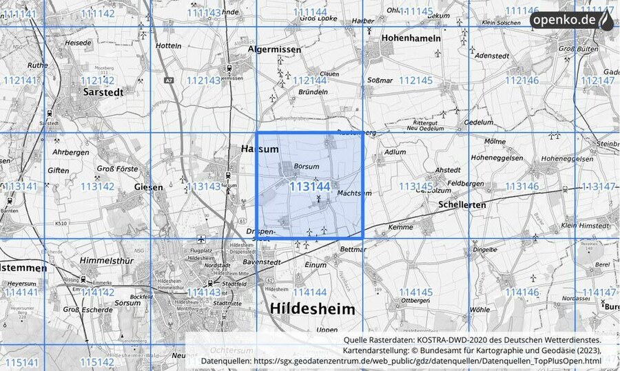 Übersichtskarte des KOSTRA-DWD-2020-Rasterfeldes Nr. 113144