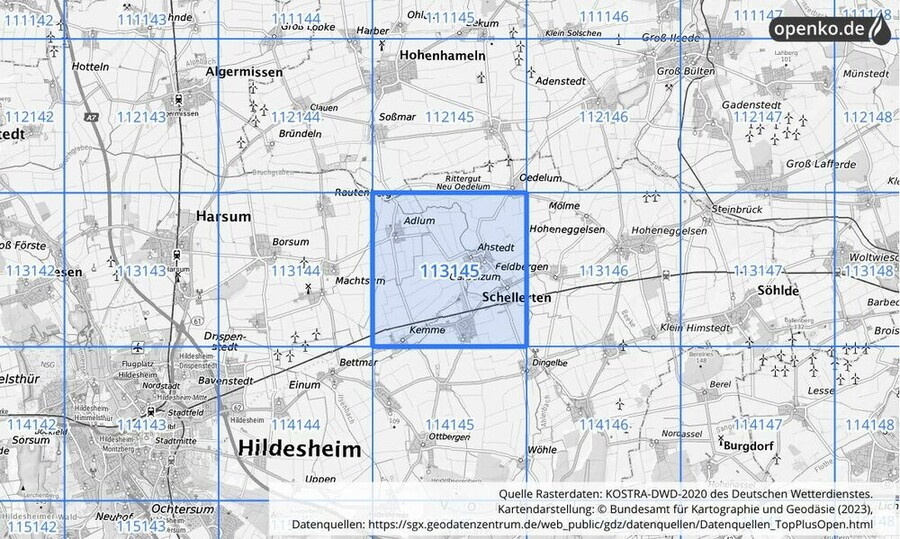 Übersichtskarte des KOSTRA-DWD-2020-Rasterfeldes Nr. 113145