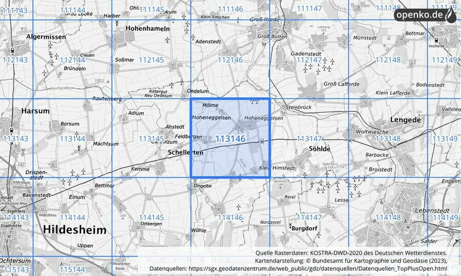 Übersichtskarte des KOSTRA-DWD-2020-Rasterfeldes Nr. 113146