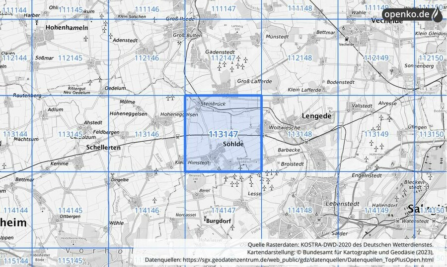 Übersichtskarte des KOSTRA-DWD-2020-Rasterfeldes Nr. 113147