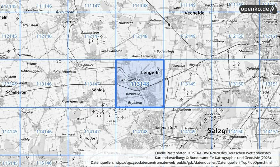 Übersichtskarte des KOSTRA-DWD-2020-Rasterfeldes Nr. 113148