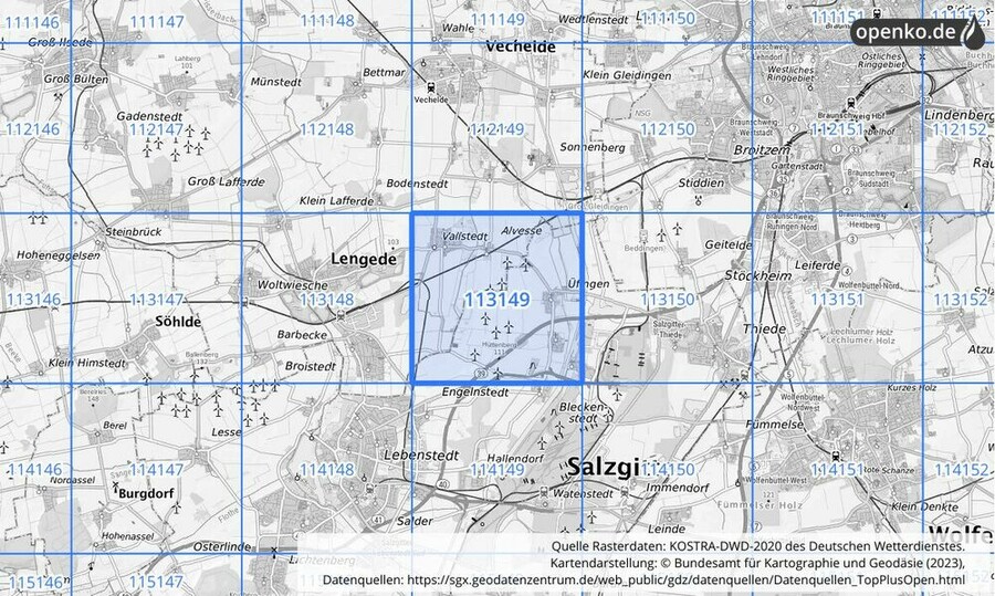 Übersichtskarte des KOSTRA-DWD-2020-Rasterfeldes Nr. 113149