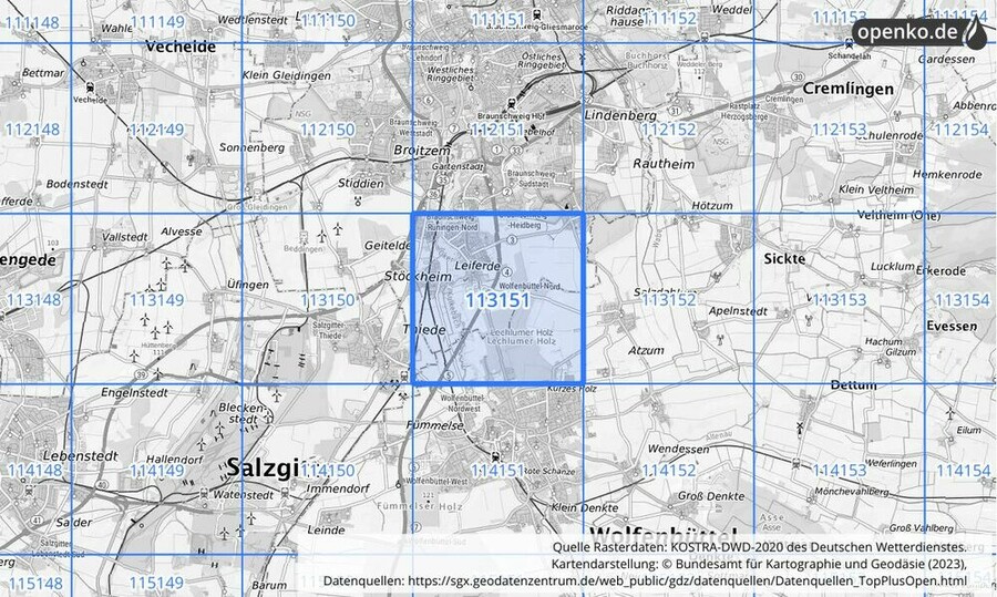 Übersichtskarte des KOSTRA-DWD-2020-Rasterfeldes Nr. 113151