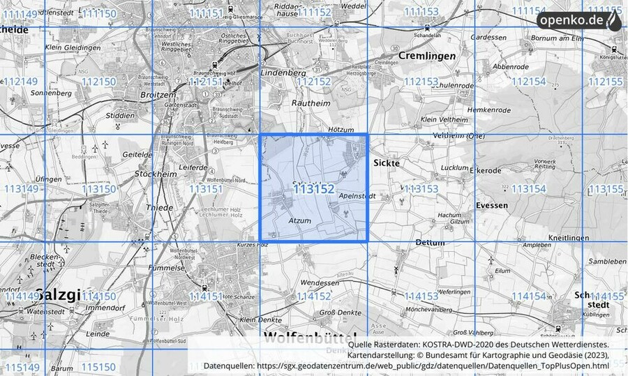 Übersichtskarte des KOSTRA-DWD-2020-Rasterfeldes Nr. 113152