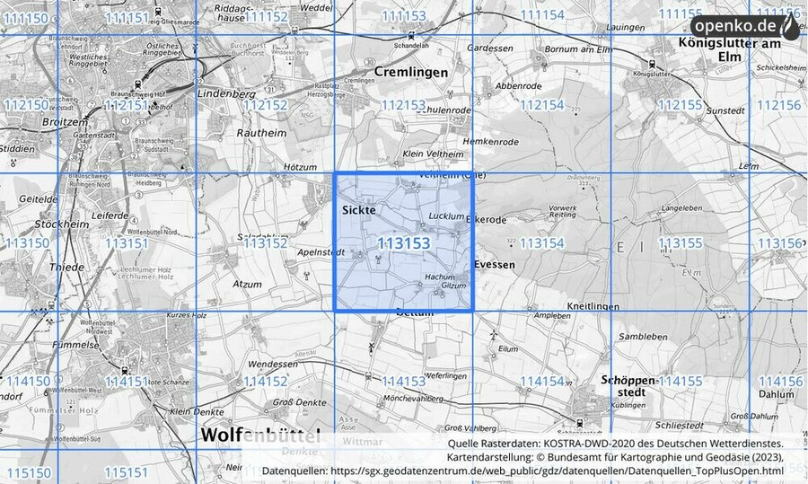 Übersichtskarte des KOSTRA-DWD-2020-Rasterfeldes Nr. 113153