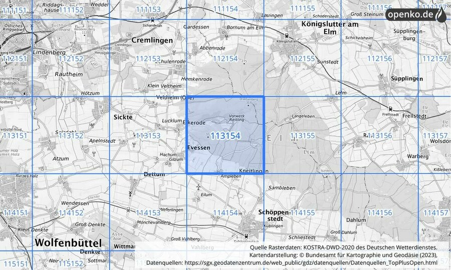 Übersichtskarte des KOSTRA-DWD-2020-Rasterfeldes Nr. 113154