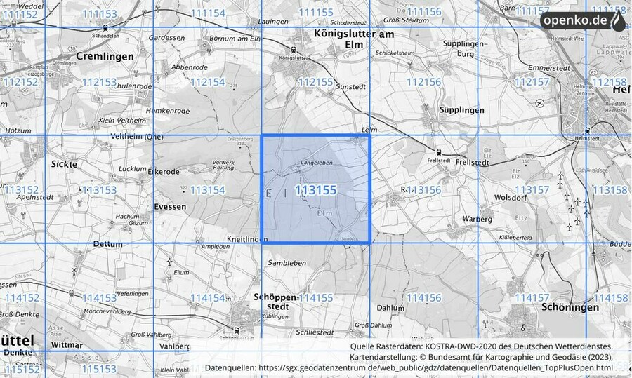 Übersichtskarte des KOSTRA-DWD-2020-Rasterfeldes Nr. 113155